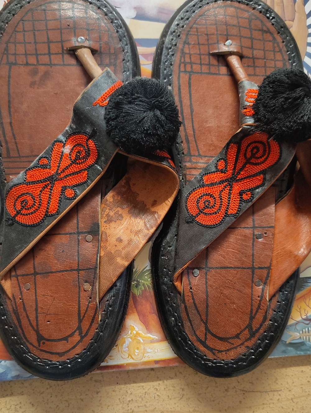 AFRM Black Slide Sandals with Orange Embroidery and Pom-Pom